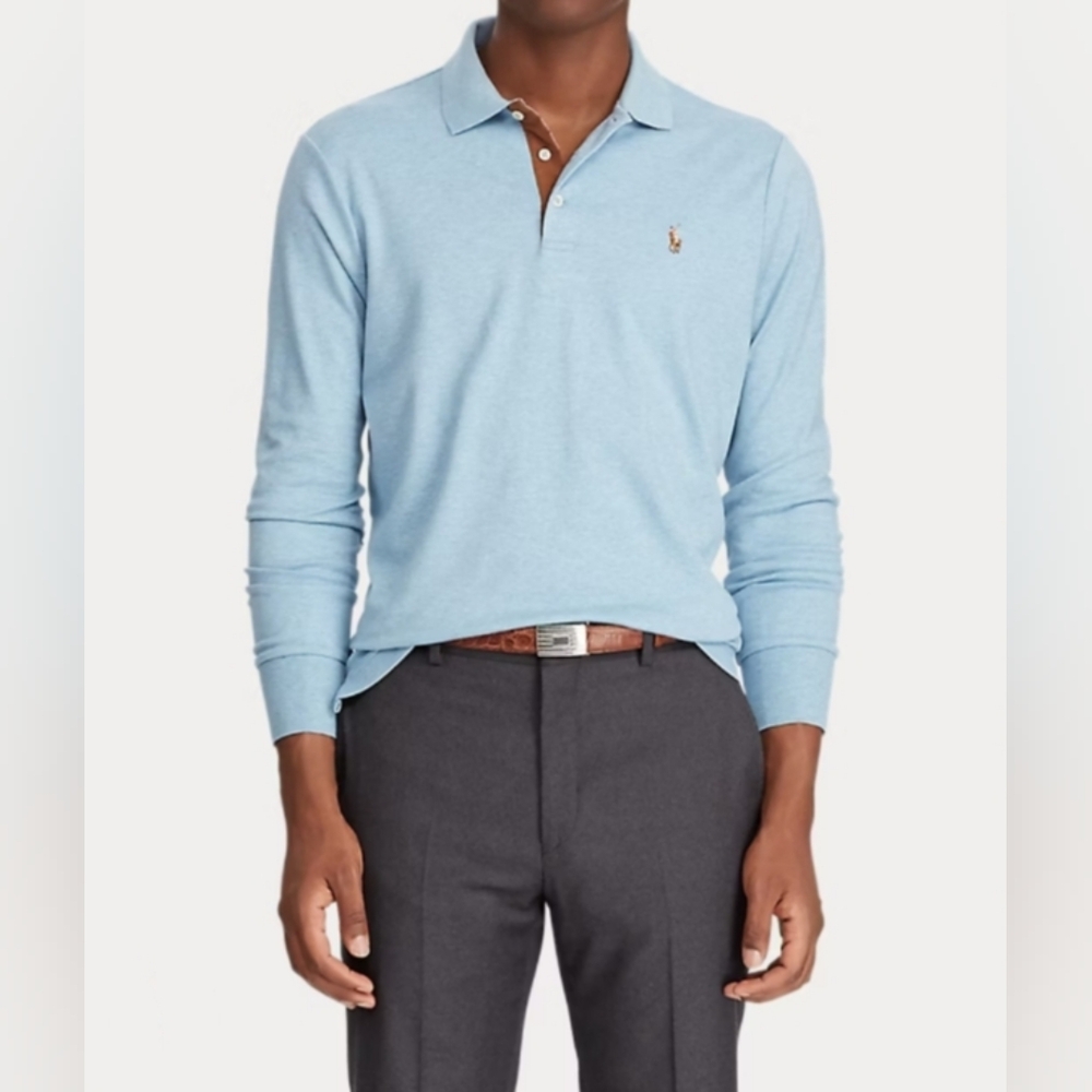 Polo Ralph Lauren (Size L) Men's Blue Button Slim Fit Soft Cotton LS Polo Shirt - Picture 13 of 15